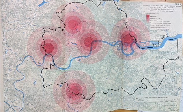 The second map found at the National Archives, imagining five separate atomic bomb blasts in London