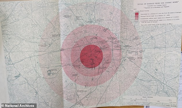 One of the two maps seen by the Mail at the National Archives in Kew. It imagined the impact of an atomic bomb attack on London. It is dated 1946