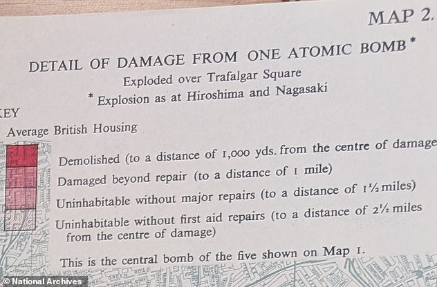 The key on the map detailing how everything up to a distance of 1,000 yards from the epicentre of the blast would have been 'demolished'