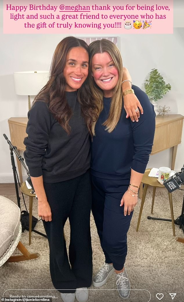 Meghan Markle's closest friends, including Jamie Kern Lima, pictured with the Duchess marked her 44th birthday with a series of gushing tributes shared to social media