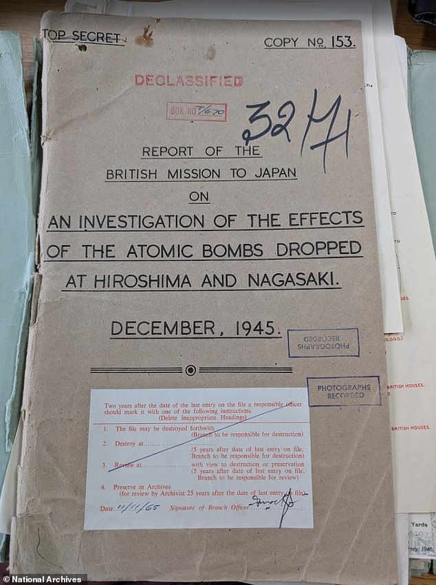The file in which the maps were tucked away, at the National Archives in Kew, West London. British officials compiled a report titled, 'An Investigation of the Effects of the Atomic Bombs Dropped at Hiroshima and Nagasaki'