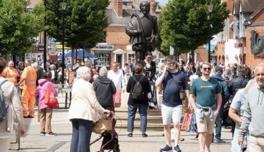 The medieval town of Stratford-upon-Avon is always bustling with visitors paying homage to the birthplace of William Shakespeare. Pictured: The busy town centre this week where a statue of Shakespeare stands towers over tourists