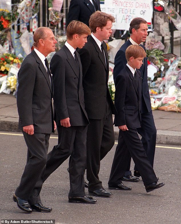Prince Charles, William, Harry, Philip and Earl Spencer are pictured at Diana's funeral on Sep 6, 1997