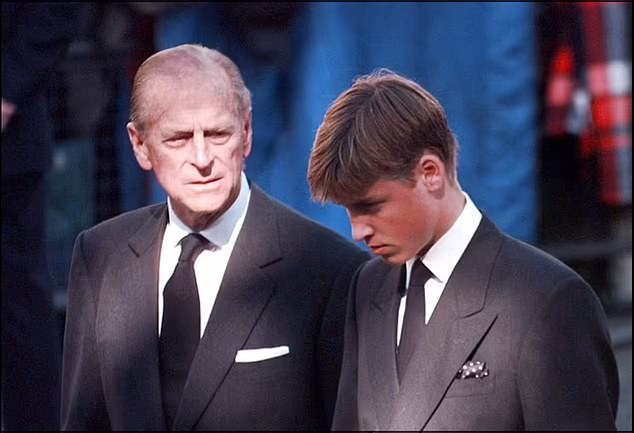 Philip and William are pictured during Princess Diana's funeral procession