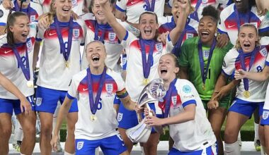 Jubilant England players lift the European Championship trophy last month in Basel