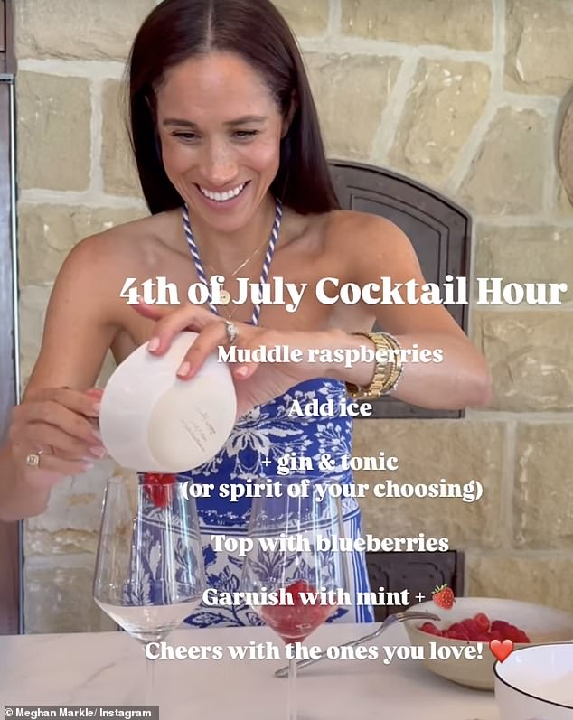 Meghan Markle posted a recipe for a Fourth of July-inspired cocktail while wearing a blue and white floral skirt and top co-ord from Brazilian brand Farm Rio