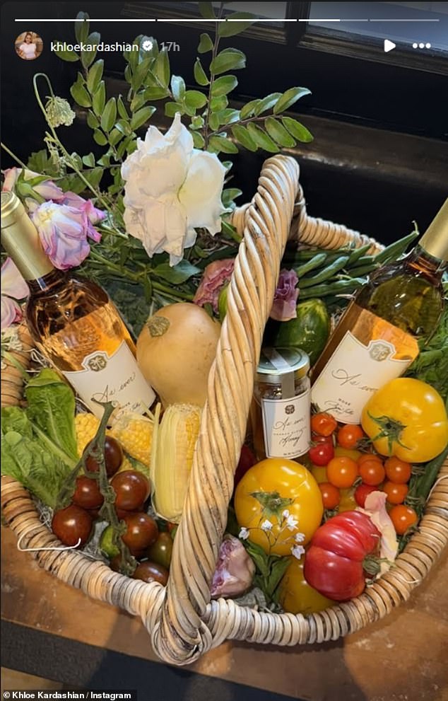The hamper included bottles of wine, preserves and an array of vegetables - with Kardashian seemingly forgetting to tag Meghan in the post