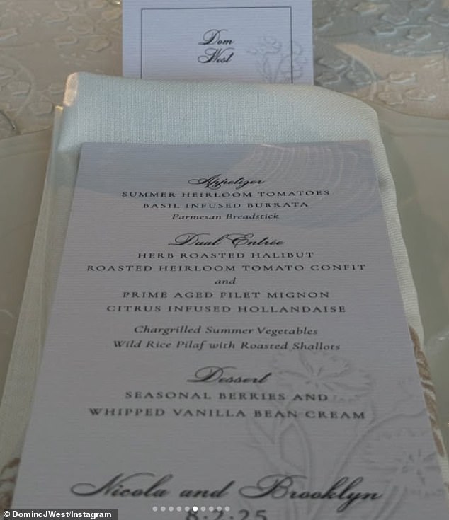 Dominic gave a glimpse inside the wedding venue and details, including a snap of the menu - with aspiring chef Brooklyn opting for tomatoes and burrata for starters and halibut and filet mignon for main rounded out with berries for dessert
