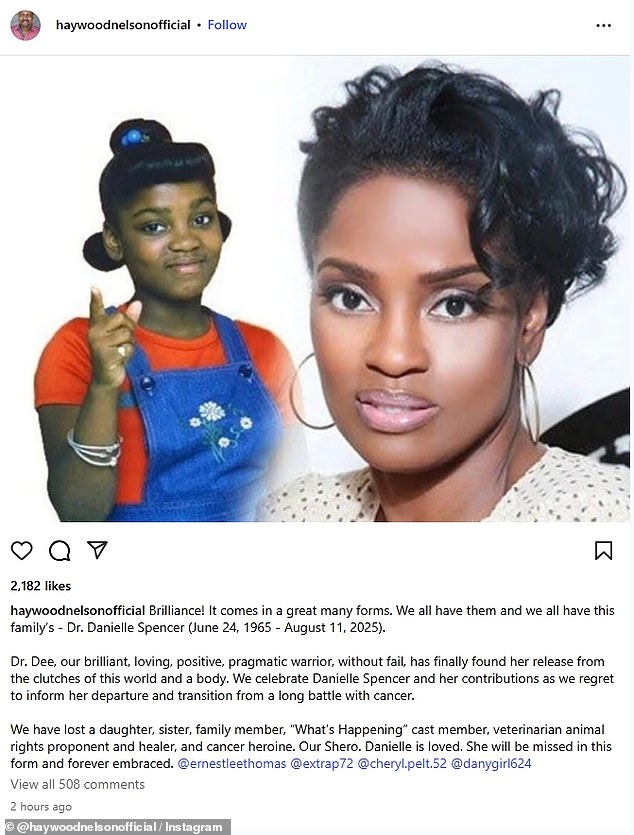 Her former co-star Haywood Nelson, who played Dwayne Clemens Nelson on the ABC show, confirmed her death in an emotional tribute