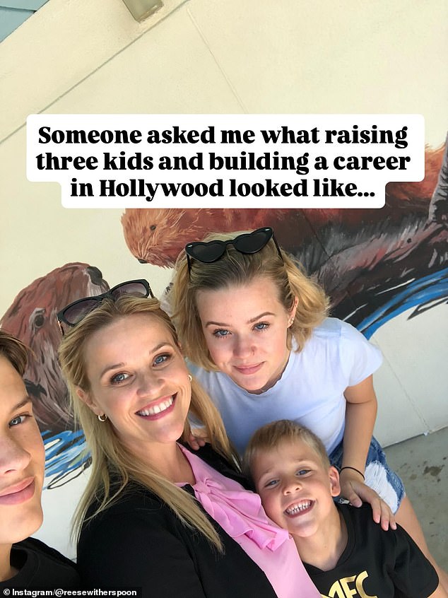 Reese Witherspoon shared a rare photo of herself with all three of her children on Thursday as she opened up about how 'challenging' it is to be a mother and a busy Hollywood star