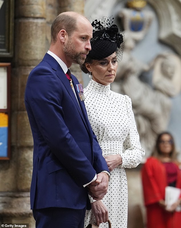 The Prince and Princess of Wales have shared a powerful message to social media to mark VJ Day (pictured at a service of thanksgiving for VE Day in May)