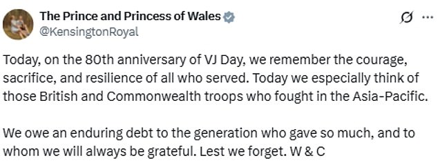 William and Kate, both 43, this morning praised the 'courage, sacrifice, and resilience' of those who fought in the Pacific and Far East