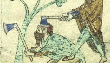 Miniature of one man killing another with his axe, circa 1220