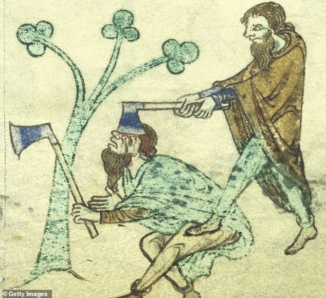 Miniature of one man killing another with his axe, circa 1220