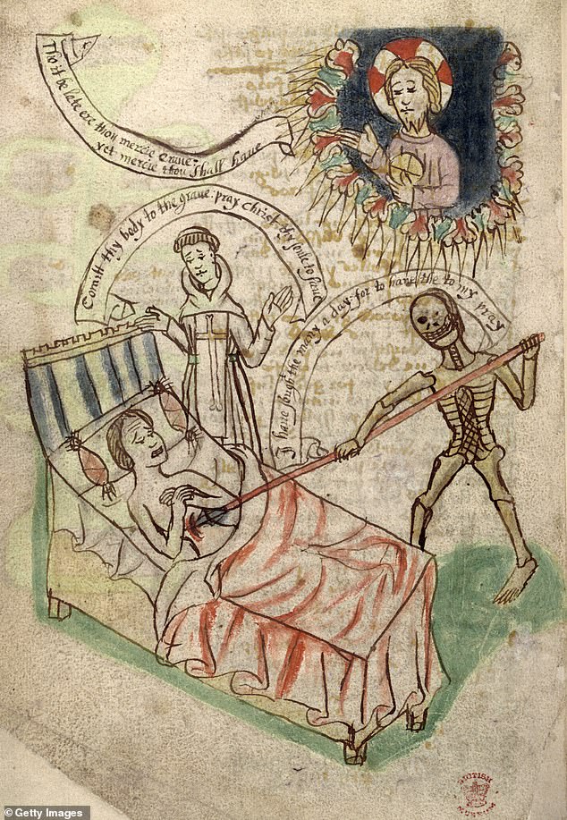 Man dying of the plague, 14th-15th century. A priest gives the last rites to a sufferer, as a smiling devil wounds him with a spear