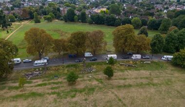 A large group of caravans have moved onto the road going through Ealing Common in West London