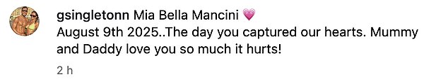 Giacomo captioned the post: 'August 9th 2025..The day you captured our hearts. Mummy and Daddy love you so much it hurts!'