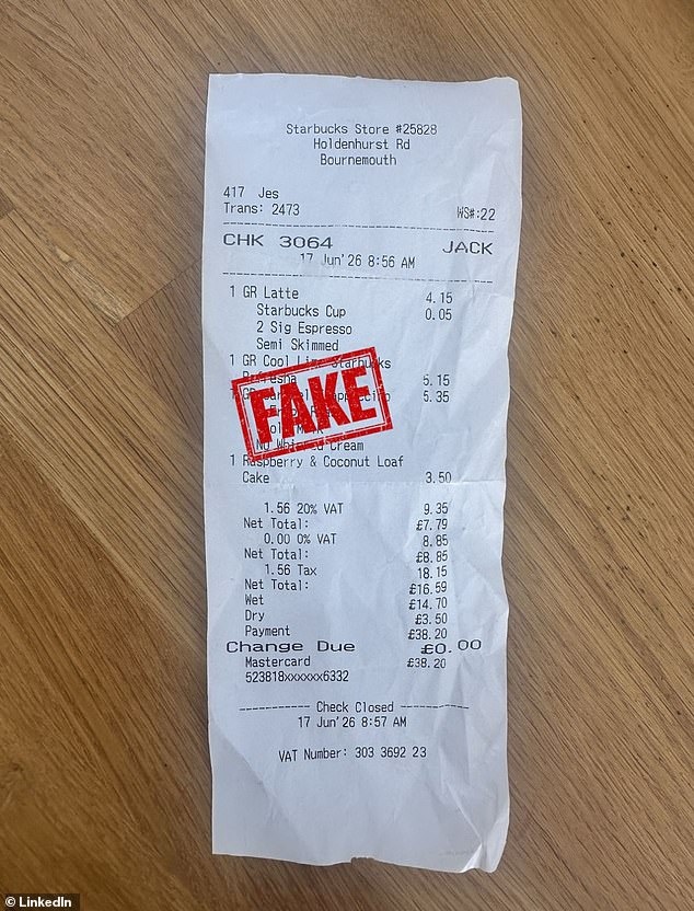 AI is being used by office fraudsters to fiddle their expenses, a cybersecurity expert has warned. The cyber expert put a chatbot to the test and made a £38.20 Starbucks receipt that could trick almost anyone