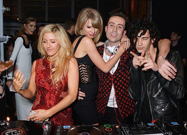 Ellie Goulding, Taylor Swift, Nick Grimshaw and Matt Healy attend the Universal Music Brits party at Soho House in London in 2015