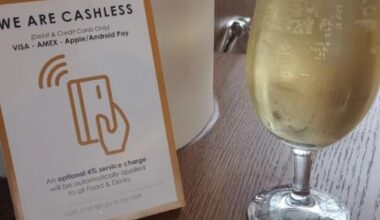 A London pub has now added a four per cent 'optional charge' to any drinks customers order at the bar. Pictured: Sign advertising the bar service charge in the pub