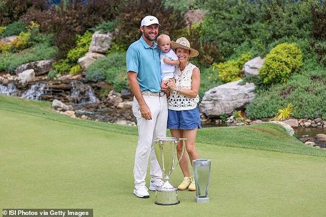 The four-time major winner, pictured with his wife and son, has been in imperious form