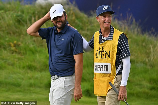 Scheffler's usual caddie Ted Scott (right) had to return home for a family emergency
