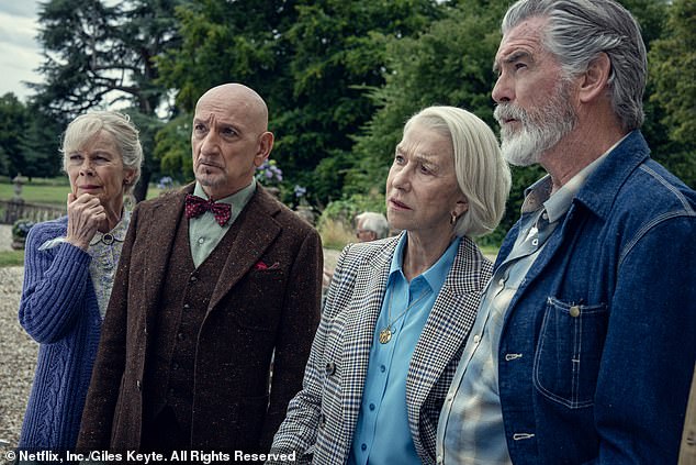 Helen can currently be seen in The Thursday Murder Club (Pictured: Celia Imrie as Joyce, Sir Ben Kingsley as Ibrahim, Helen as Elizabeth and Pierce Brosnan as Ron)