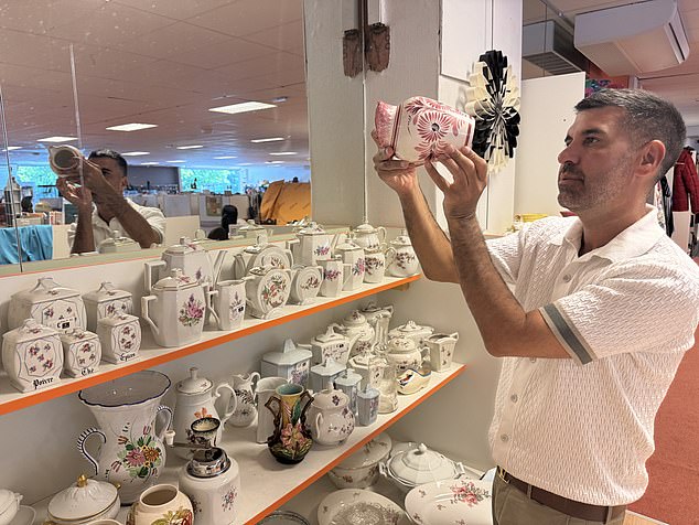 Examining the goods: Money-making expert Dan Hatfield checks out ceramics at a French Brocante