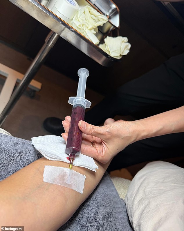 In one image the 44-year-old diva from Calabasas had her arm injected with a purple liquid as she was partially bandaged up. One follower asked if she is being injected with what 'looks like a smoothie' and that is exactly what it looked like: 'What are you injecting into your arm looks like a smoothie'