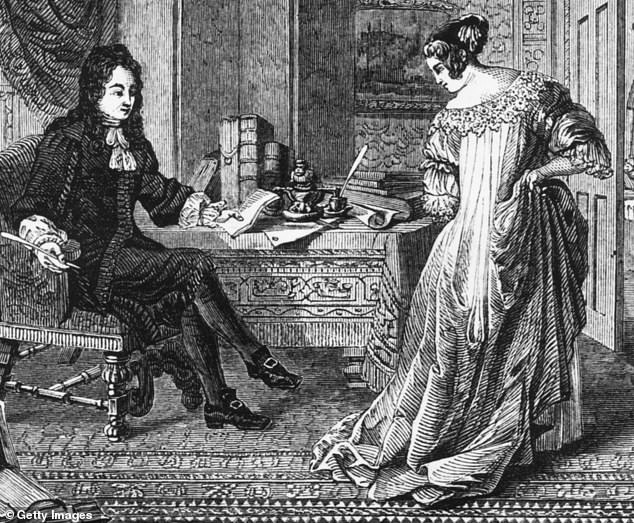 Pepys was so adept at hiding his behaviour that it wasn't till October 25, 1668, that his wife Elizabeth caught him at it. Above: A depiction of Pepys admiring his wife's new dress