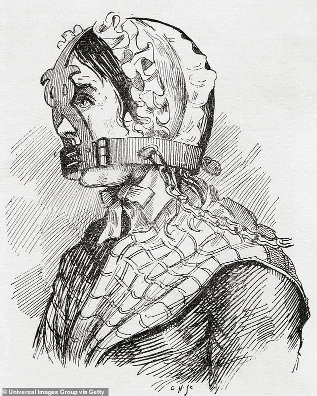 An illustration originally published in The Strand Magazine depicting a woman in the 17th century wearing what was known as a scold's bridle, which prevented the victim from speaking