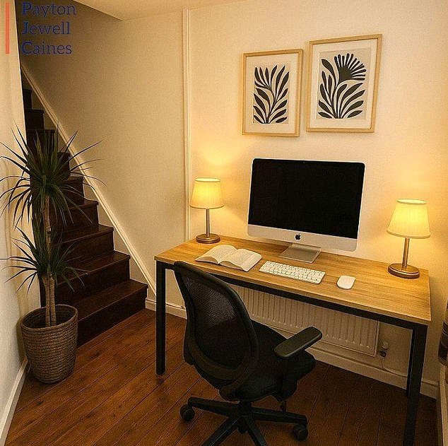 In the hallway there's now a desk with a computer - Applemac of course - a pot plant and two stylish prints on the wall
