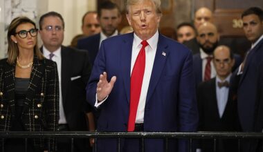 President Donald Trump secure a nearly $500 million victory when an appeals court ruled he does not have to pay the 'excessive' penalty in his New York fraud case. Pictured: Trump speaks alongside his then-attorney Alina Habba outside the court room in NYC on January 11, 2024