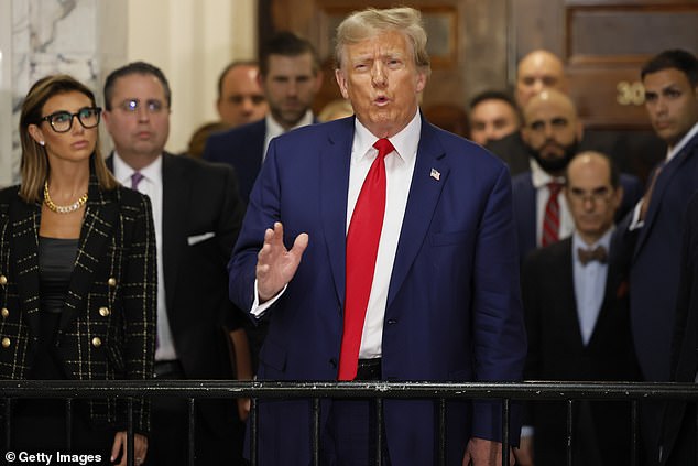 President Donald Trump secure a nearly $500 million victory when an appeals court ruled he does not have to pay the 'excessive' penalty in his New York fraud case. Pictured: Trump speaks alongside his then-attorney Alina Habba outside the court room in NYC on January 11, 2024