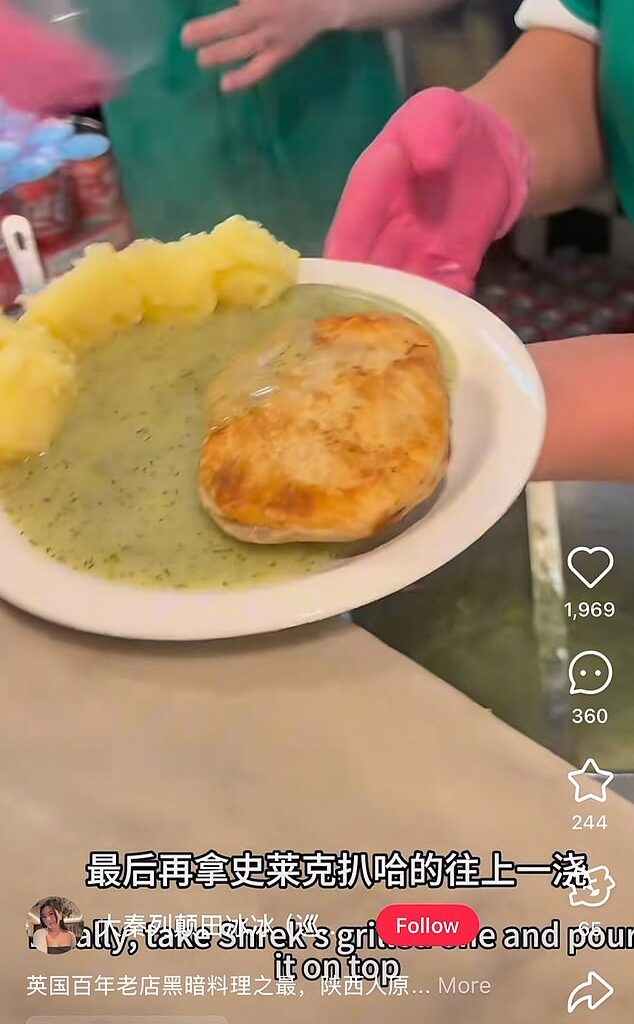 Not mush to say: Chinese singer and social media influencer Tian Bi Bi tried traditional English pie and mash at Manze's near Tower Bridge - and was left unimpressed
