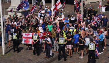 Anti-migrant protesters gathering in Guildhall Square in Portsmouth this afternoon