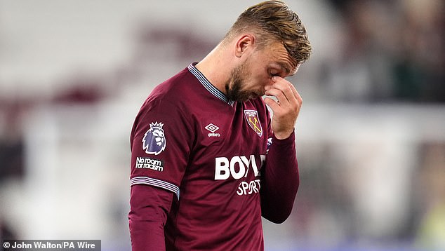 West Ham captain Jarrod Bowen looks dejected after his side's wretched display