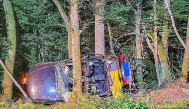Four people have been killed in a horror crash after a UK-registered car careered of a road and smashed into some trees in central Germany. Images taken in the aftermath show the mangled vehicle lying on its side with a shattered windscreen