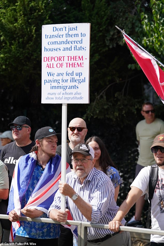 Anti-migrant protesters gather outside the Sheraton Four Points Hotel in Horley, Surrey