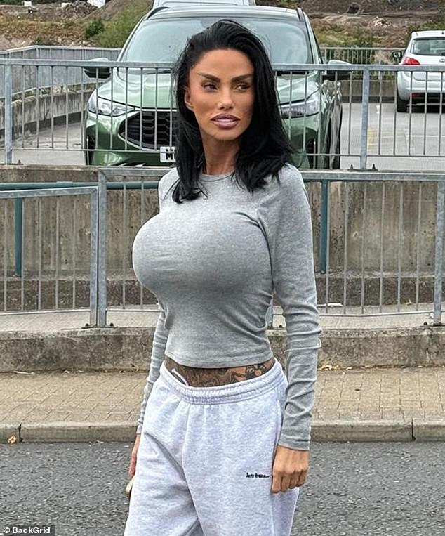 Katie Price, 47, displayed her surgically-enhanced assets in a grey top as she stepped out to run errands in London on Saturday