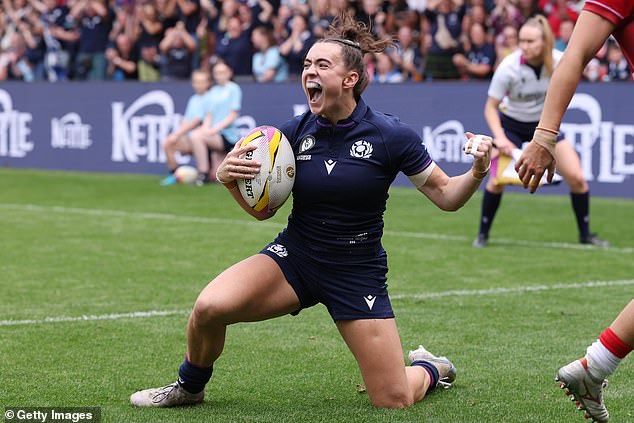 McGhe celebrates her side's second try of the match
