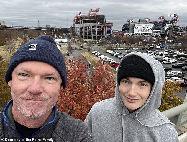 Raine (pictured with his father, Matt Raine, in front of Nissan Stadium in Nashville, Tennessee) also allegedly spoke to ChatGPT about his four different suicide attempts