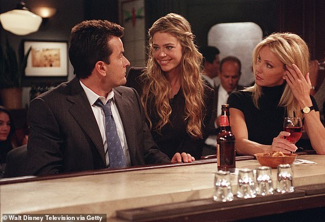Fox was later replaced by Charlie Sheen, who played Charlie Crawford, before the sitcom wrapped in May 2002 after six seasons; (seen with Denise Richards in 2001)