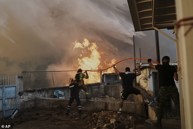 This summer's fires killed 20 people, forced 80,000 to evacuate and burned more than one million hectares (2.47 million acres). Pictured: wildfires in Patras city, Greece, earlier this month
