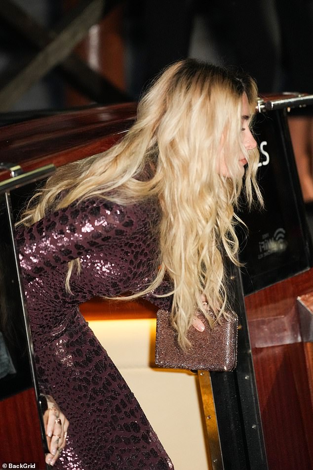 Paris wore her blonde locks in bouncy curls and accessorised with a sparkling gold clutch and towering Louboutin heels