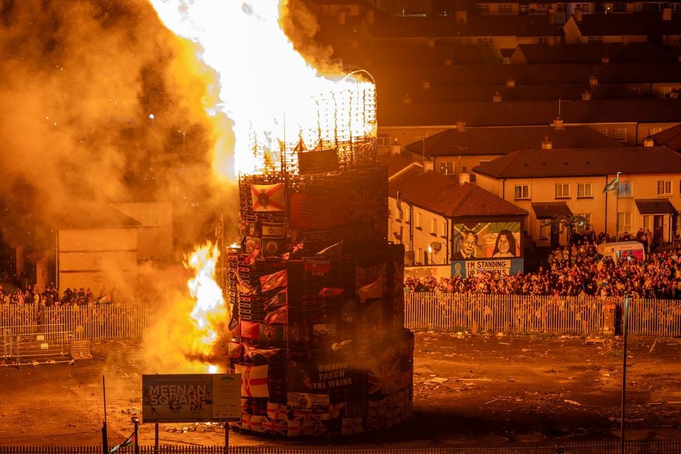 The controversial bonfire at Meenan Square in Derry’s Bogside where a fireworks display took place before the pyre was set alight at 11pm on Friday.
