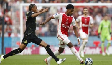 Calvin Stengs of Feyenoord (L) and Milan target Silvano Vos of Ajax (R) in action during the Dutch Eredivisie soccer match between Ajax Amsterdam and Feyenoord Rotterdam in Amsterdam, the Netherlands, 24 September 2023. EPA-EFE/MAURICE VAN STEEN