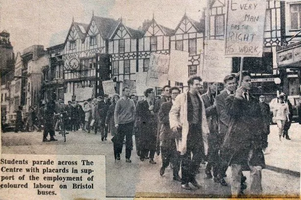 Newspaper article showing, Bristols students protest through the city. Copy pics of the WDP and EP from 1963 as coming up is the 40th annivesray of a black-led crusade against racism at the Bristol Omnibus Company which refused to employ black drivers or conductors. 11th March 2003. Photographer Freia Turland / Western Daily Press.