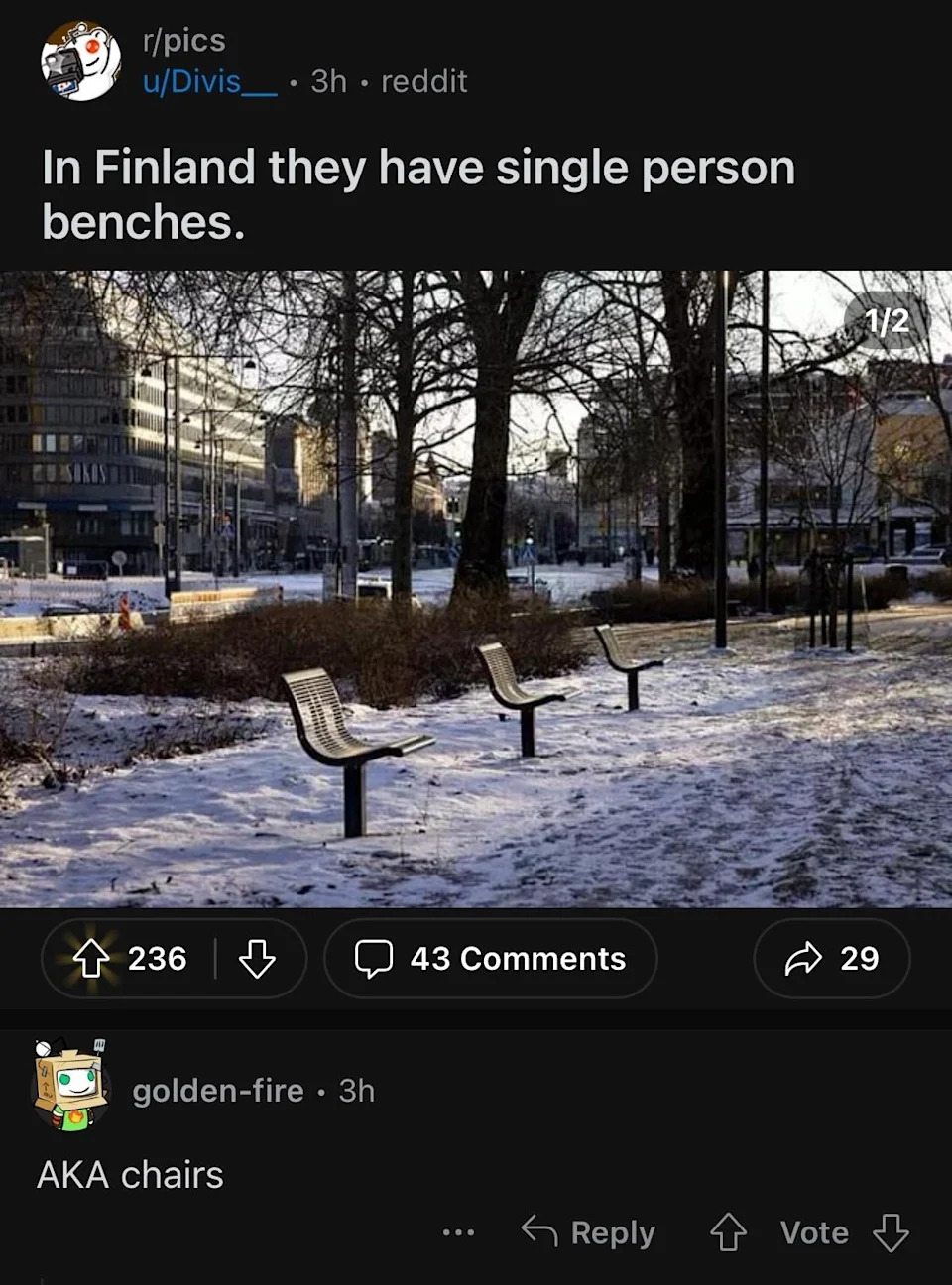 Snowy park scene in Finland with single benches; a Reddit comment humorously refers to them as "chairs."