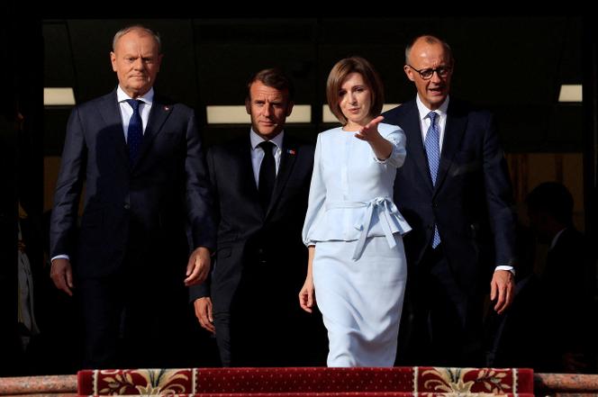 Poland's Donald Tusk, France's Emmanuel Macron, Moldova's Maia Sandu and Germany's Friedrich Merz after a meeting at the Presidential Palace in Chisinau, Moldova, August 27, 2025.